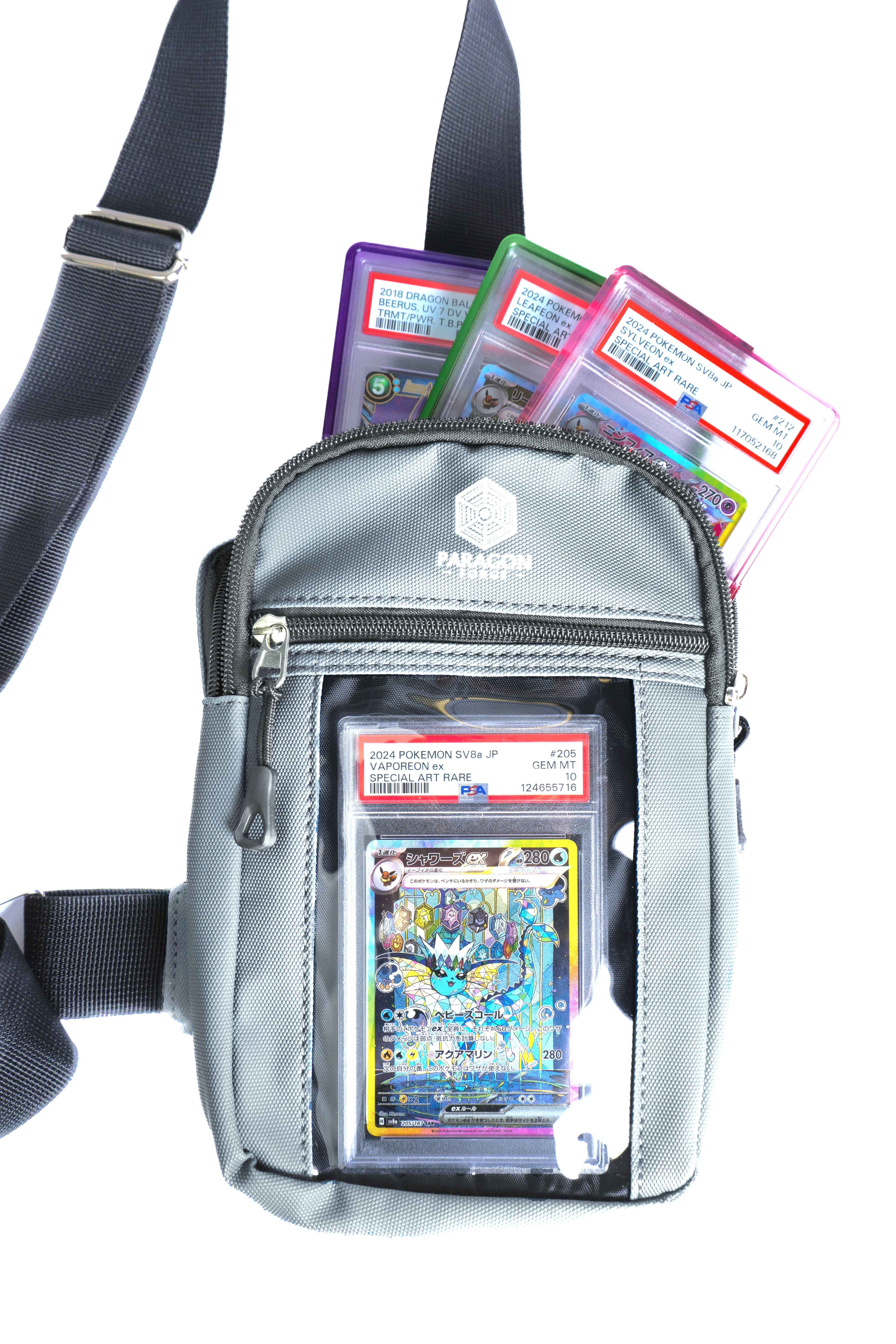 Silver crossbody TCG bag with collectible cards on a white background