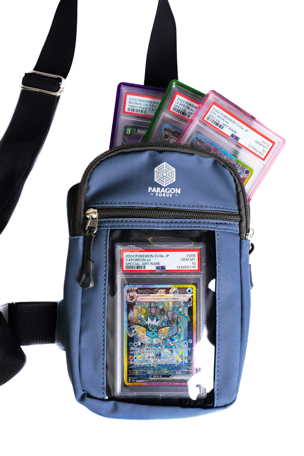 Blue carrying case with collectible cards on a white background