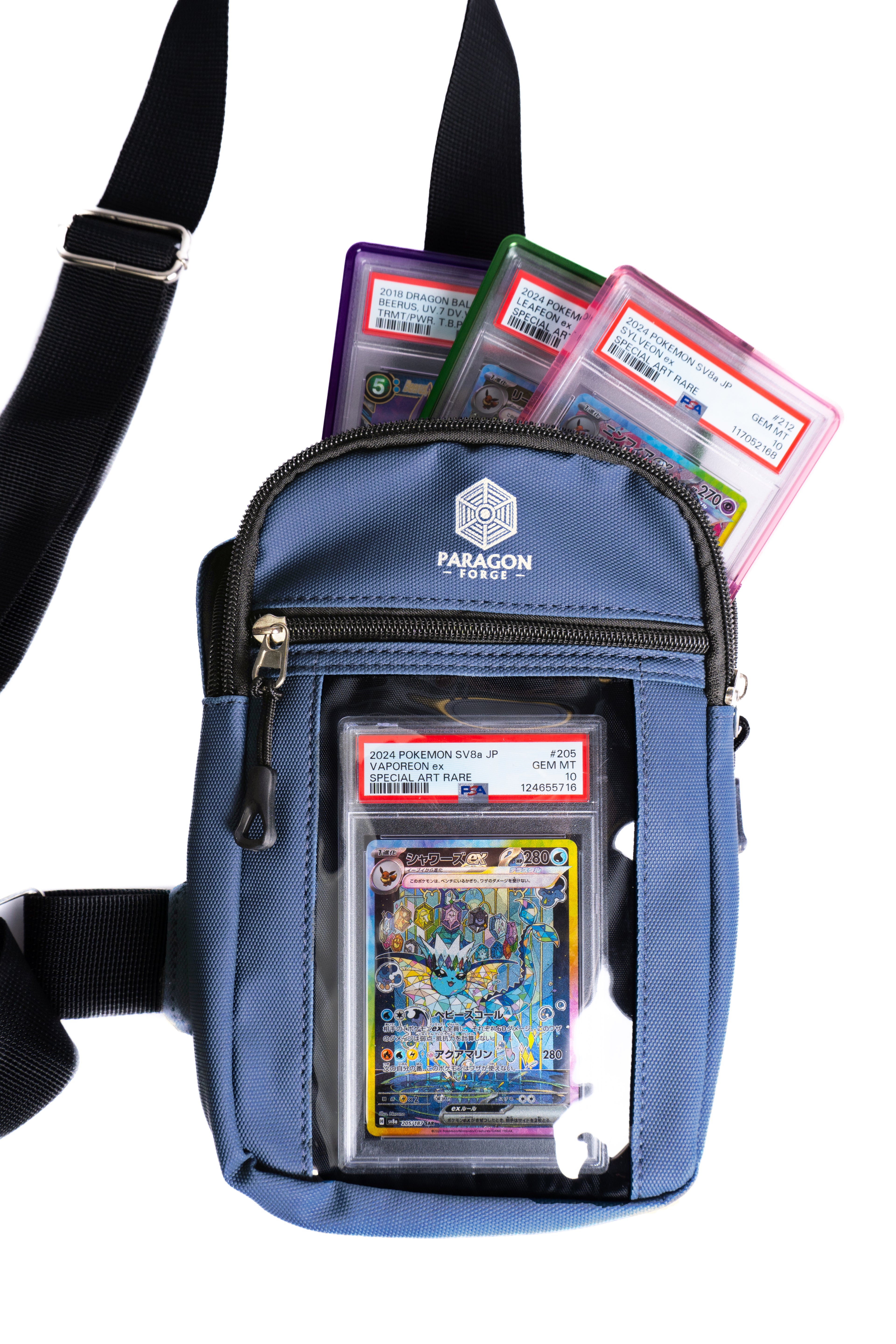 Blue carrying case with collectible cards on a white background