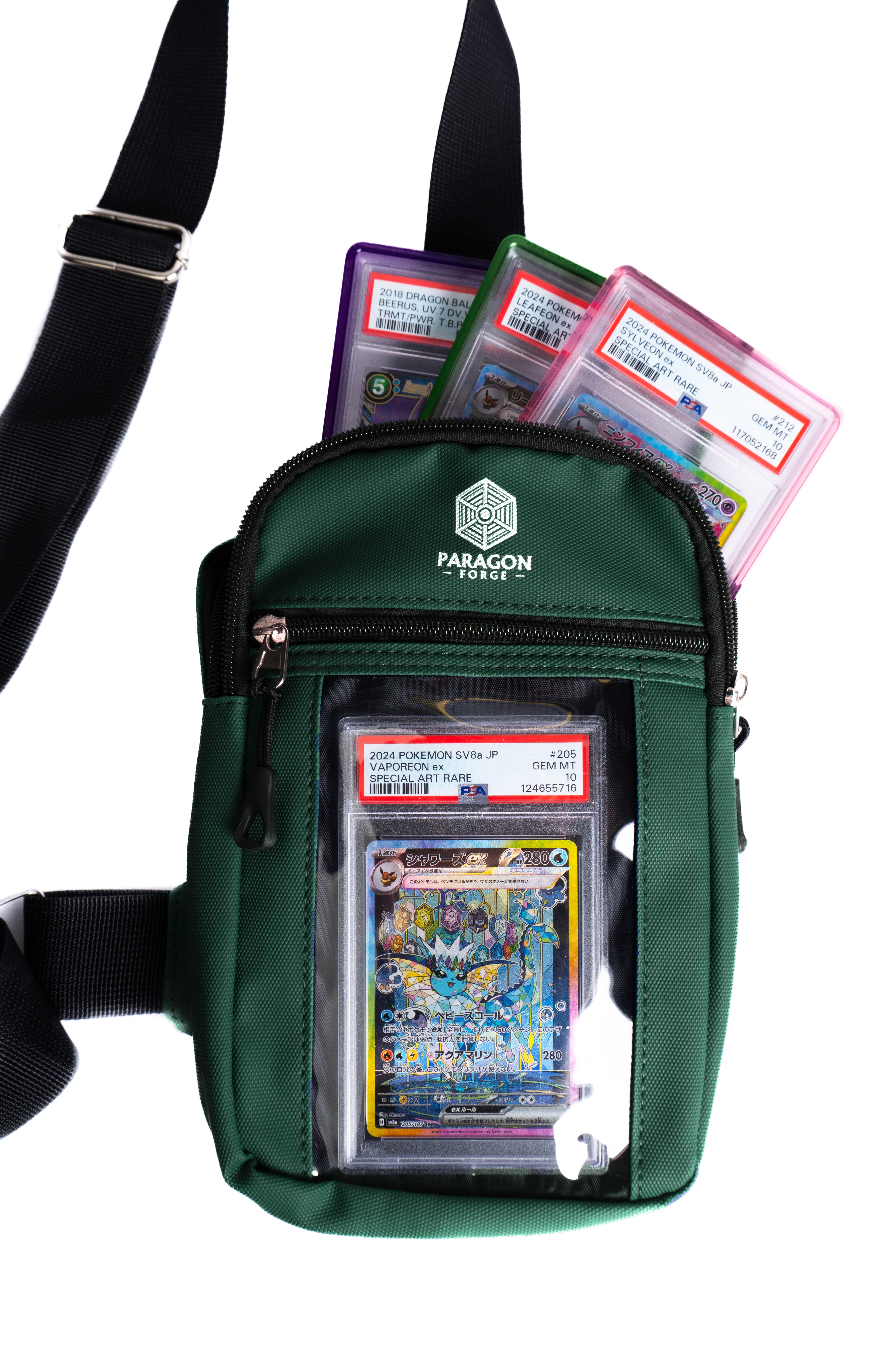 Green TCG bag with collectible cards on a white background