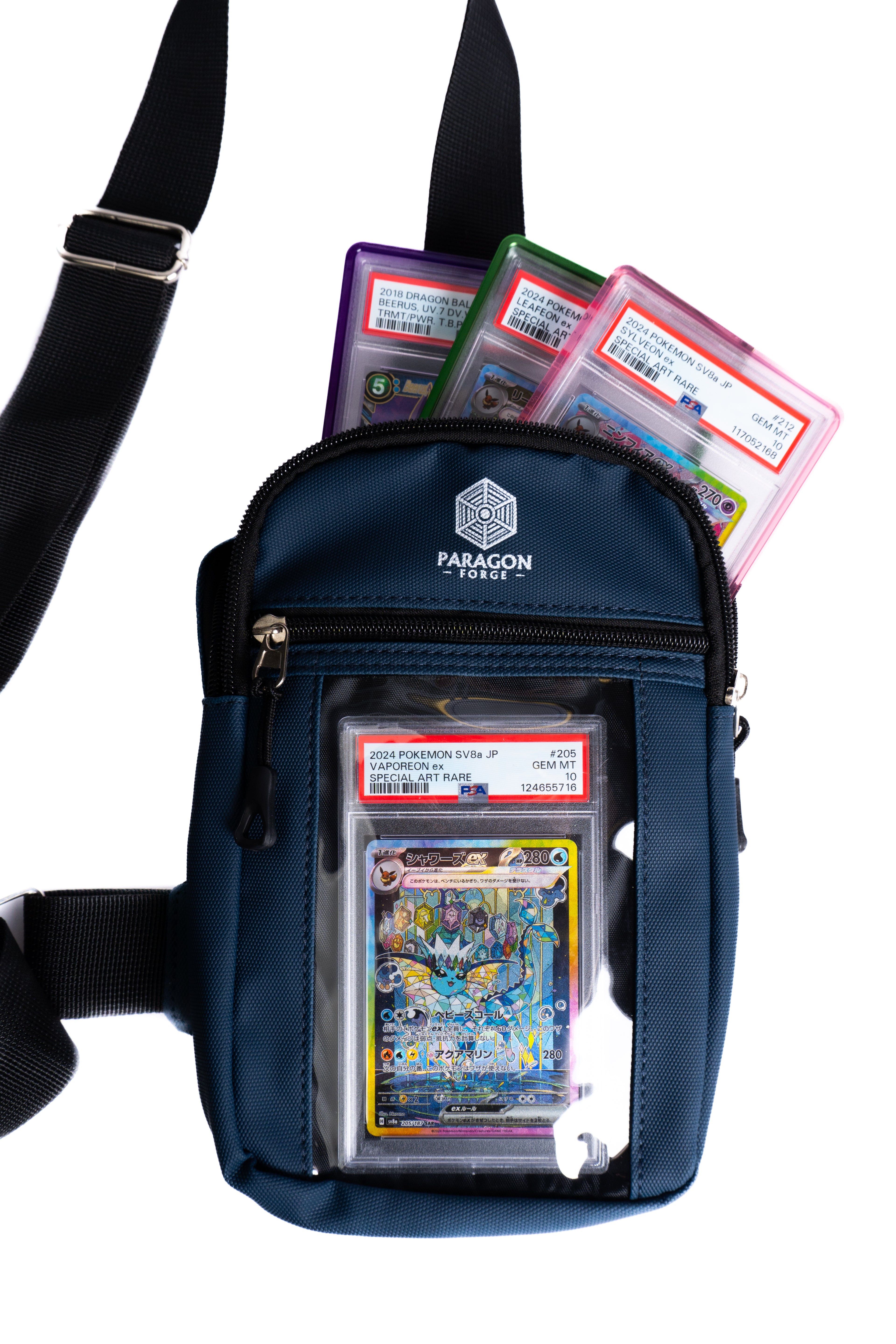 Blue bag with collectible cards on a white background