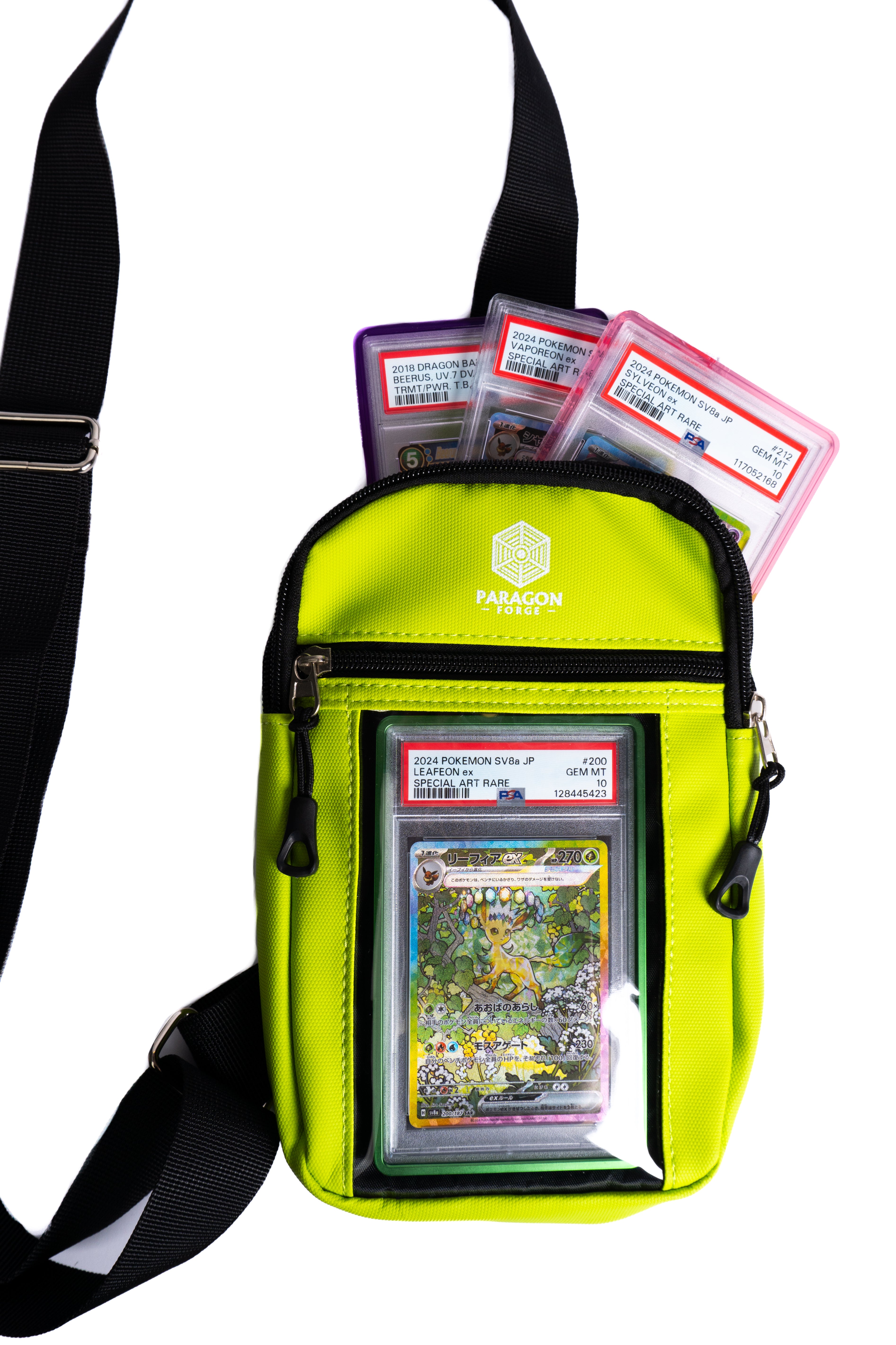 Neon green crossbody TCG bag with collectible cards and a visible brand logo on a white background
