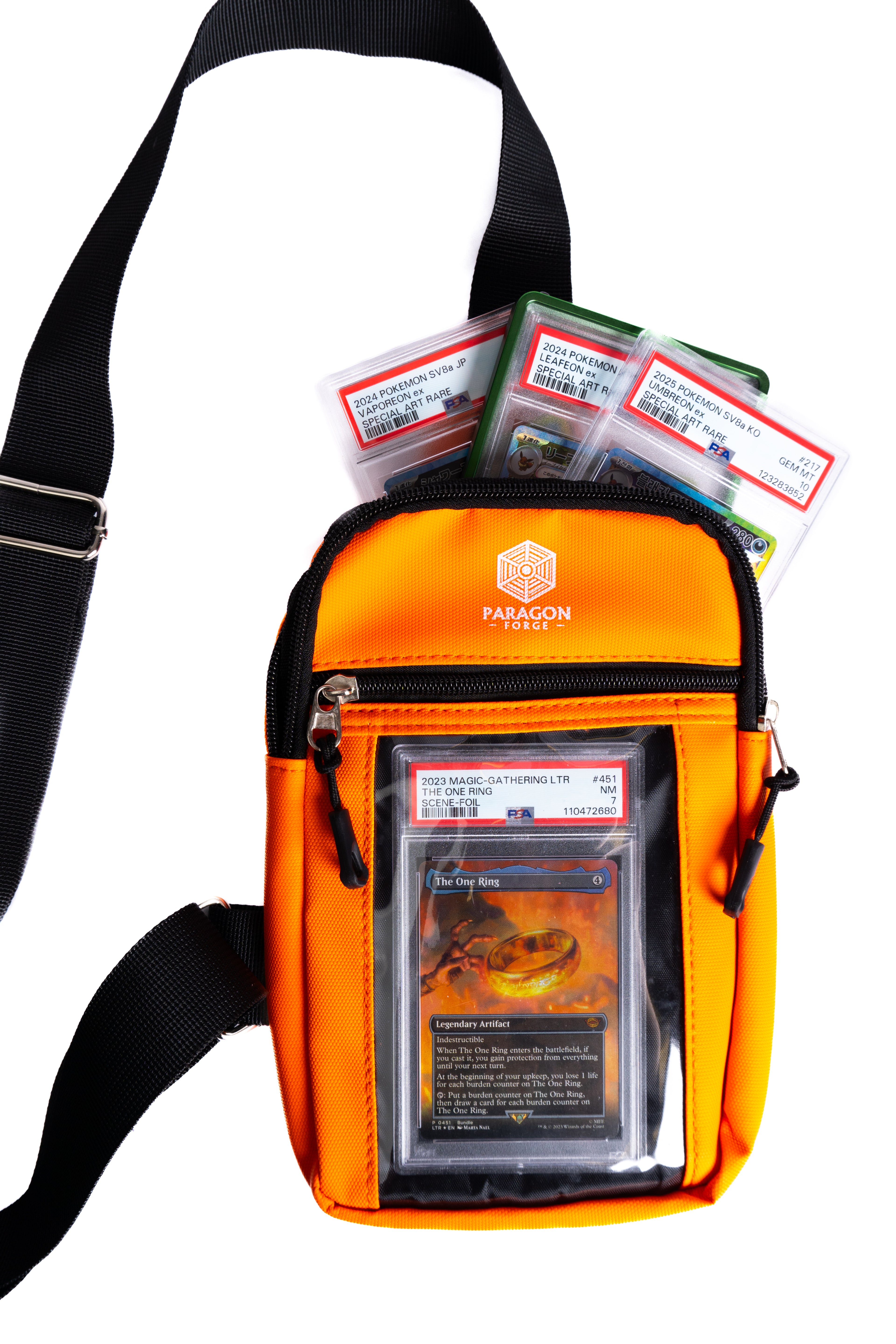 Orange shoulder bag with collectible cards and a visible brand logo on a white background