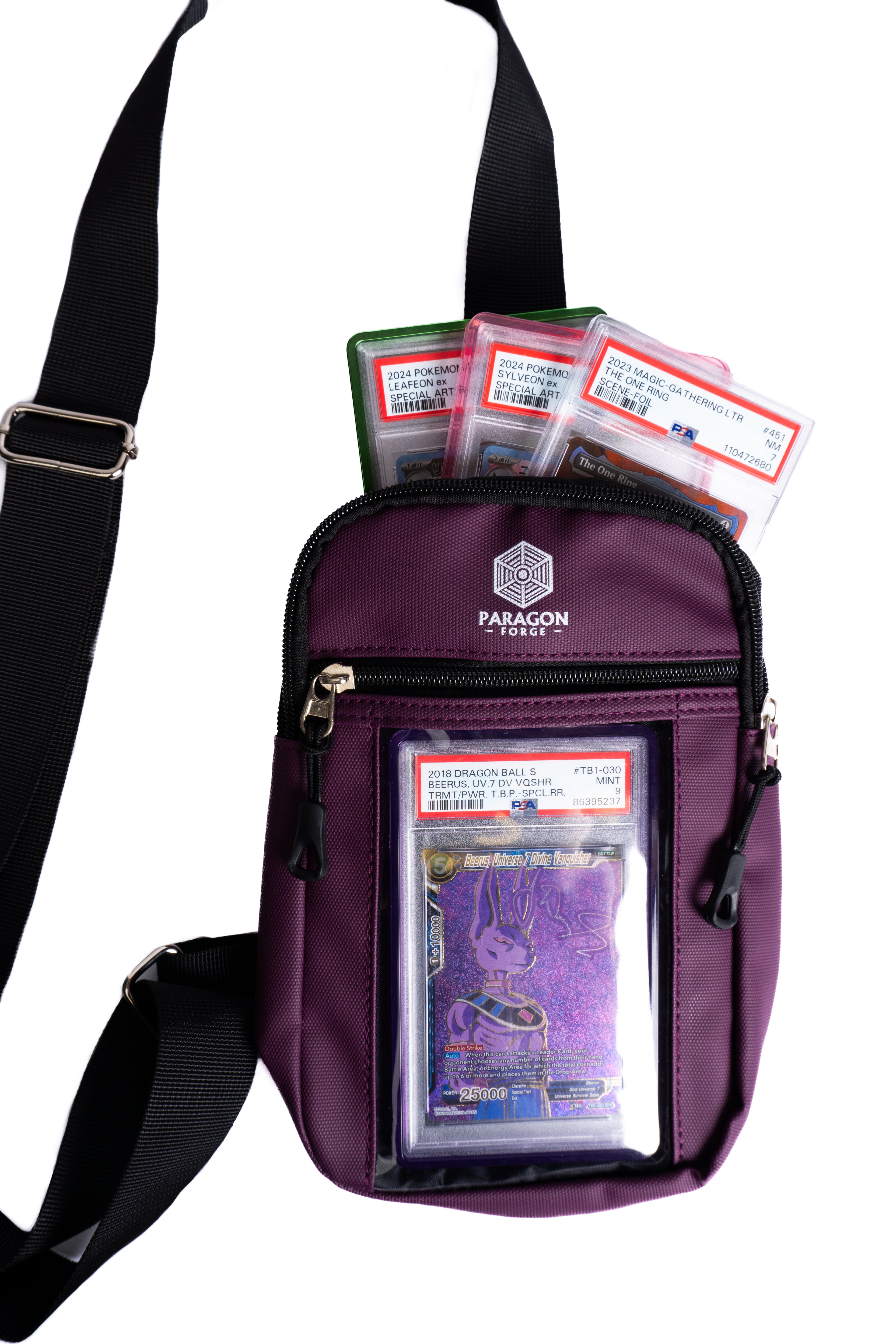 Purple crossbody TCG bag with collectible cards and a visible brand logo on a white background