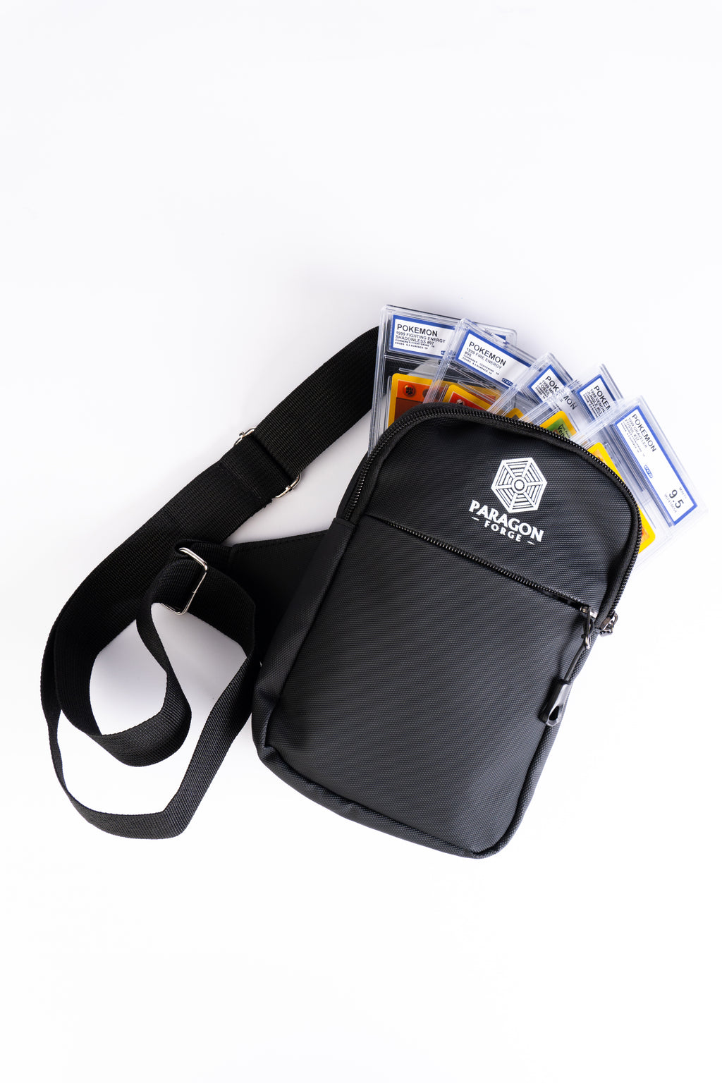 Black crossbody bag with a strap and cards on a white background