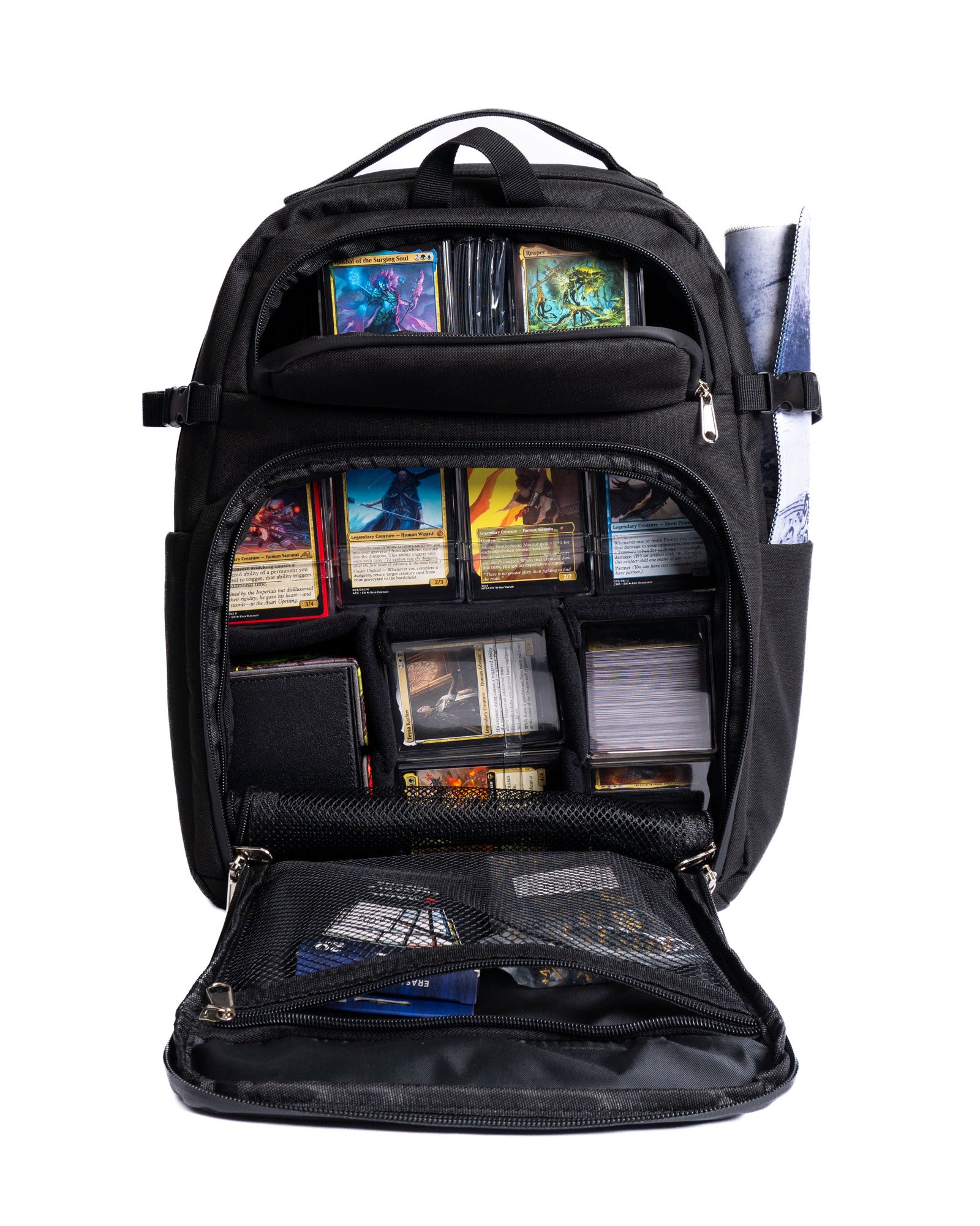 Black backpack with compartments for trading cards on a white background