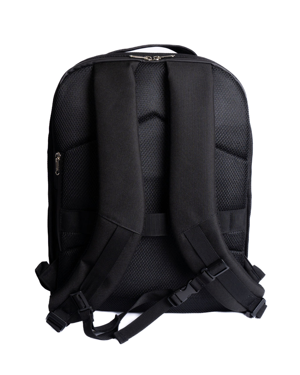 Black backpack shown from the back on a white background