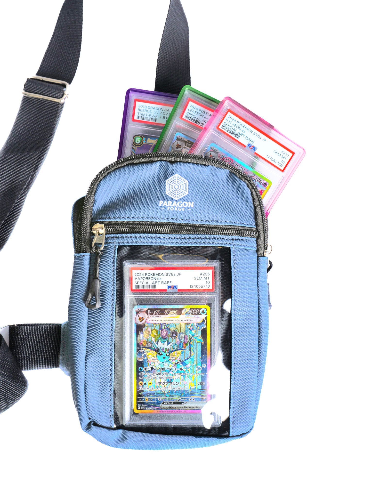 Blue crossbody TCG bag with compartments for trading cards on a white background