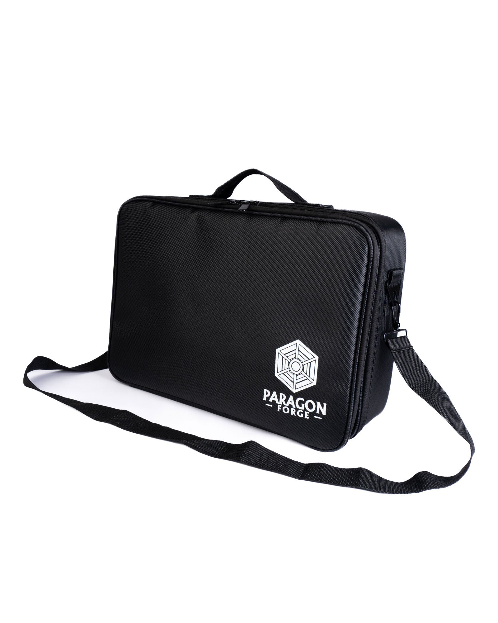 Black bag with a strap featuring the Paragon Forge logo