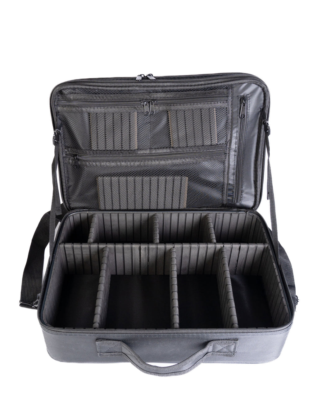 Open black trading card case with compartments on a white background