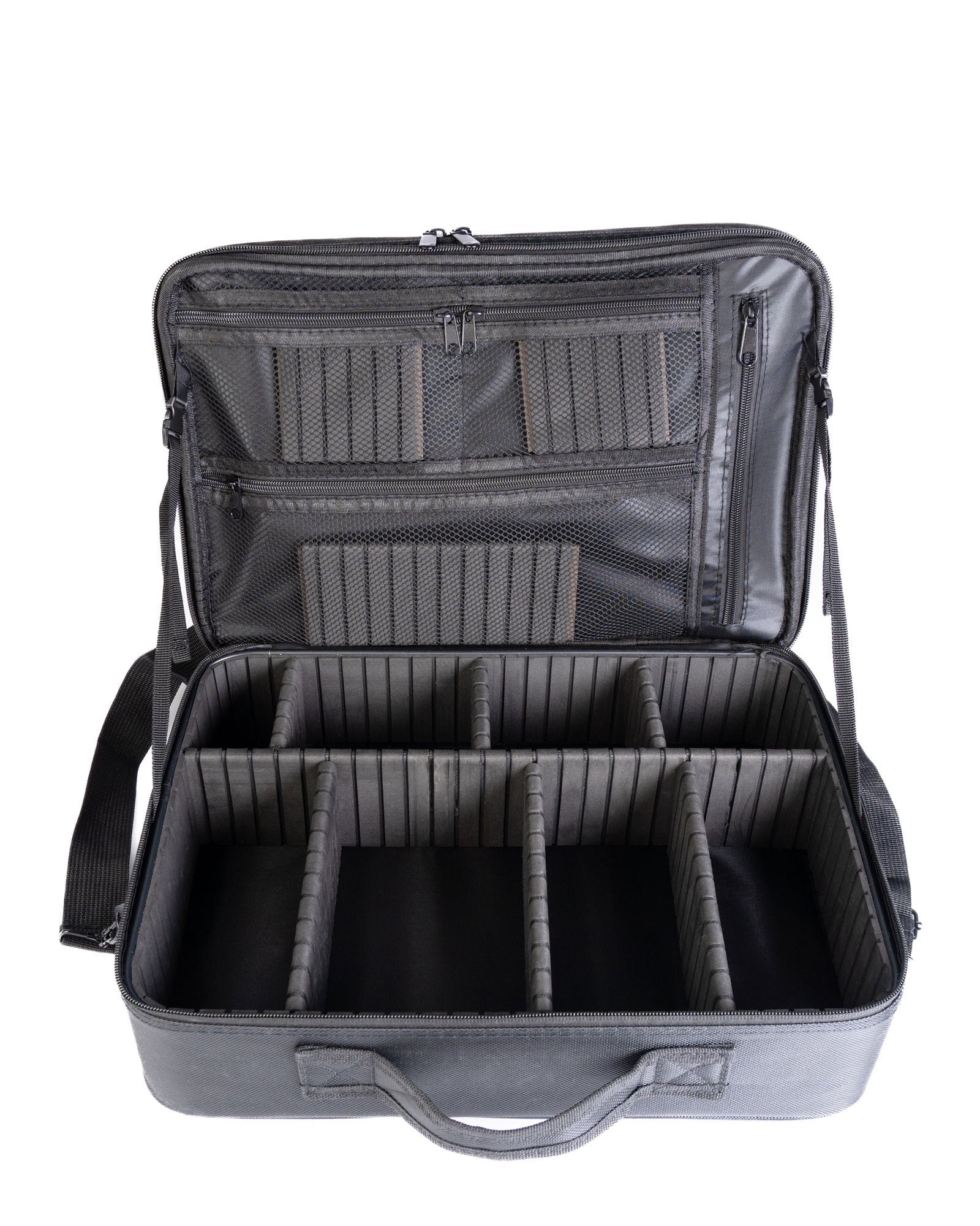 Open black trading card case with compartments on a white background