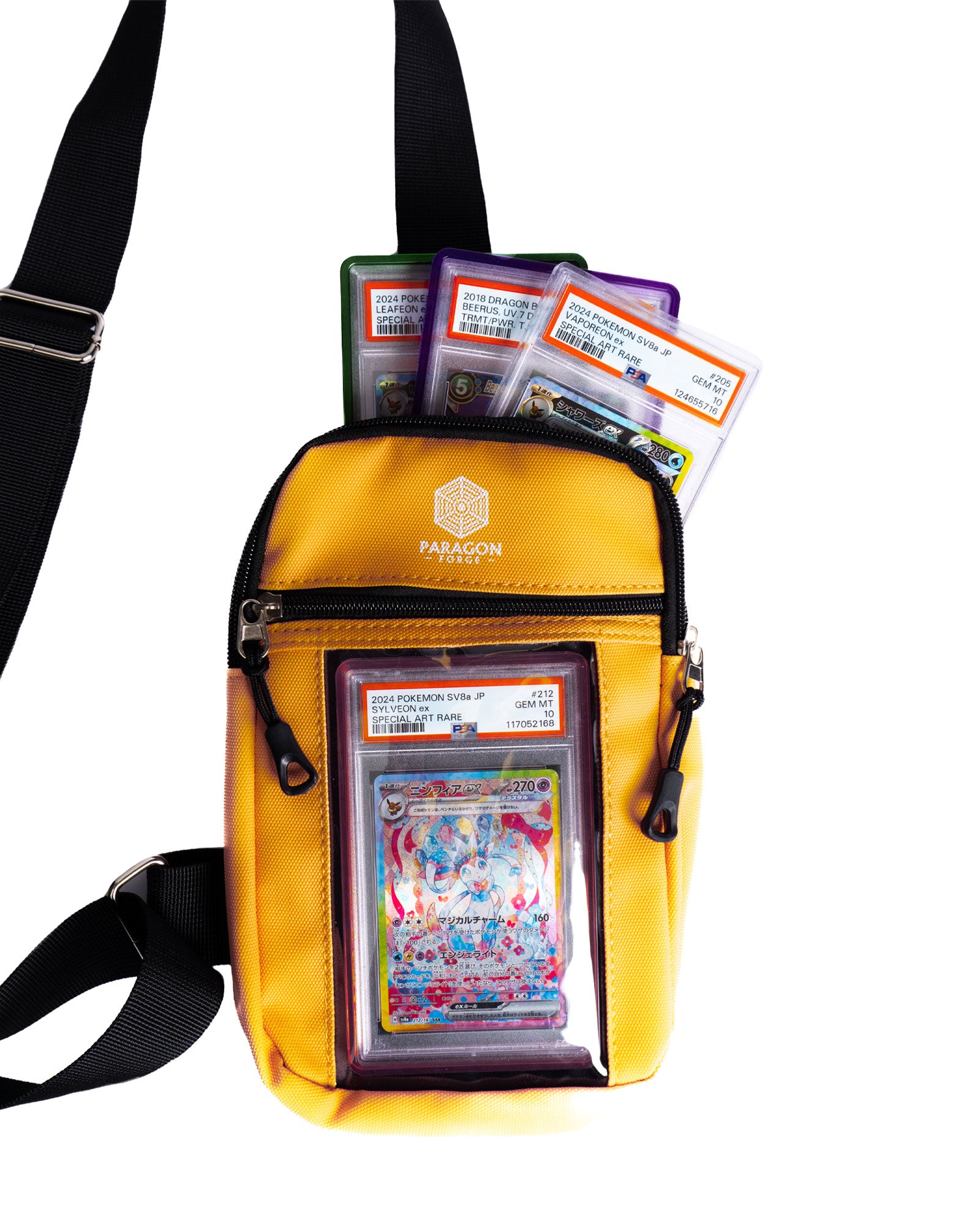 Yellow crossbody TCG bag with collectible trading cards on a white background